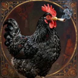 realistic detailed beautiful portrait a chonky black chicken smoking a joint by Anna and Elena Balbusso, Art Nouveau, rich deep vibrant colors