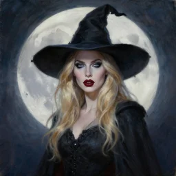 portrait of beautiful blonde woman as a Dark evil witch, big moon in the background, oil painting