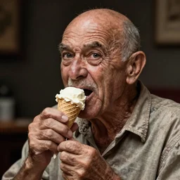 very old wrinkly bald guy angrily eating an ice cream cone