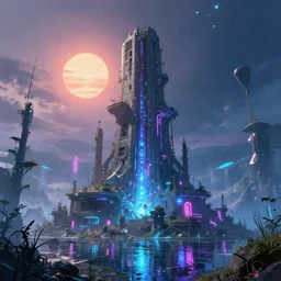 unfinished building by neil blevins, azeroth alien uv light futuristic meadow crystal postcyberpunk tundra cosmic synthwave reclaimed by nature studio ghibli neon signs nightvision neon noir nature elysian morning sun darkacademia cgsociety water architecture island rainforest anime steampunk, archdaily, wallpaper, highly detailed, trending on artstation.