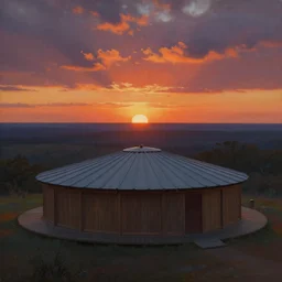 a painting of a round sweat lodge at sunset, beautiful colors, matte painting, by christophe vacher