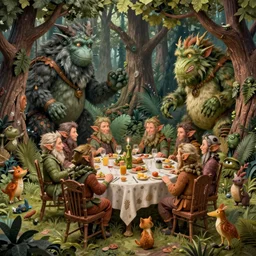 elves having a party with tree monsters and some critters by brian froud, highly detailed, intricate, fantasy, concept art, matte painting, sharp focus, smooth, lighting by greg rutkowski, rich vivid color scheme