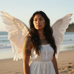 portrait of beautiful young angelic Maori female model, with facial tattoo, golden hour at Piha Beach, Zeiss 150mm f2.8 Hasselblad, by William Adolphe Bouguereau