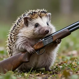 a hedgehog holding a shotgun 4k