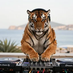 dj tiger playing a set at ibiza, wearing headphones, turntables