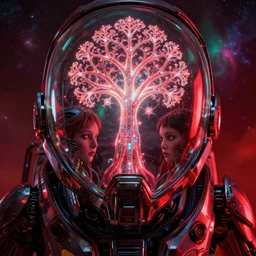 symmetrical extreme closeup portrait mass effect tron neon glowing matrix chrome robot reflection glass astronaut looking at a glowing fractal tree of life, weird, creepy, quiet, red color scheme, andromeda krogan nebula aurora, bioluminance alena aenami artworks in 4 k, moebius!! dan mumford, ralph mcquarrie