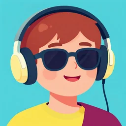 a closeup of a boy with headphones and sunglasses, positive mood, low energy in retro colors, synthwave style, 2 d digital vector art