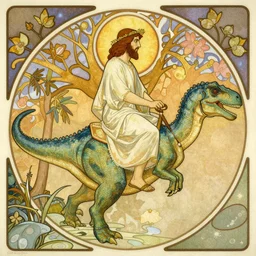“colorfull artwork by Franklin Booth and Alphonse Mucha and Moebius showing a portrait of Jesus riding a dinosaur”