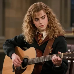 Hermione Granger/Emma Watson wearing a black sweater, playing a guitar, in the Gryffindor common room, digital art from GTA 5, cover art by Stephen Bliss, boxart, loading screen
