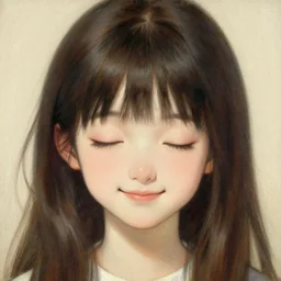 a detailed portrait of am adorable anime girl, cute smile, closed eyes, painting by gaston bussiere, craig mullins, j. c. leyendecker