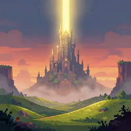 pixel art landscape of an elven magicians tower with bright light shining from top, misty mysterious, strange magic, beautiful rolling hills, sunset, cliffs, warm light, artstation, deviantart, 8 bit game concept art