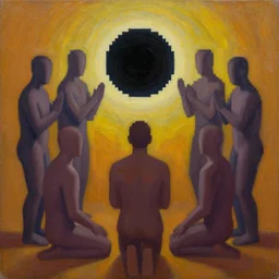 oil painting of 5 faceless humanoid forms worshipping a circular void, pixelart