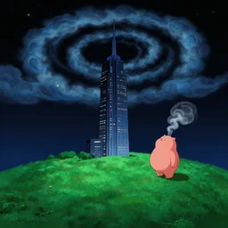nightscape chubby cartoon concept art, skyscrapper over a grass spiral hill, from lorax movie, black blue green, spiral clouds, sam and max, liquid smoke