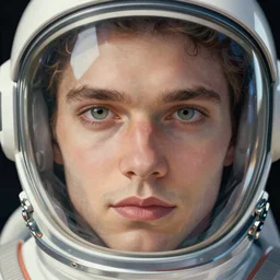 artwork by james jean and Phil noto; a close up on the face of a beautiful man in a future space suit; wearing futuristic astronaut helmet; highly detailed; pretty eyes; circular black pupils; artwork by james jean and Phil noto