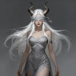 a highly detailed illustration of beautiful long white haired horned girl wearing blindfold, wearing torn grey dress, art by artgerm and greg rutowski and ilya kuvshinov, intricate, elegant, highly detailed, centered, digital painting, artstation, concept art, smooth, sharp focus, league of legends concept art, wlop.