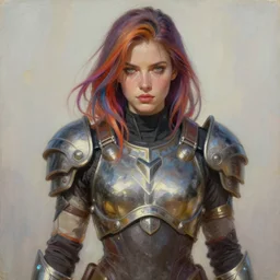 a portrait of a very beautiful warrior woman in powerarmor, Alexandria\'s genesis, chin-length multicolored hair, bored, illustration, soft lighting, soft details, painting oil on canvas by mark arian by artgerm, trending on artstation, 4k, 8k, HD