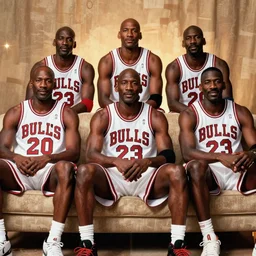 Michael Jordan on a couch surrounded by 5 other Michael Jordan\'s, 4k hd, sharp, backlit, gorgeous lighting