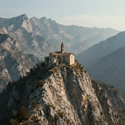 a small medieval old monastery on the top of a rough, steep mountain with great view on other mountains, epic, no trees, no foliage, realistic light, epic, fantasy, digital art