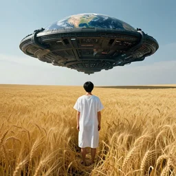 earth three - body problem, sci - fi style, liu cixin, golden wheat field, a man in a hospital gown standing in the middle of the wheat field, above his head is the dome of an alien spaceship, black steel conduit, cyberpunk