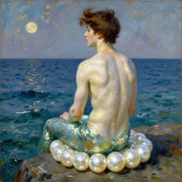 vintage beautiful painting of a gay merman fully covered looking with the back at the sea sitting on a white pearl in Mary Cassatt style