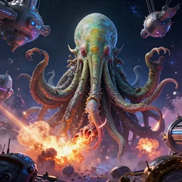 An epic beautiful 3D render of an ancient terrifying Cthulhu in space, consuming and eating and destroying a futuristic colorful spacestation.  Bright explosions.  By Ken Fairclough and Dylan Cole, trending on behance, trending on artstation, award winning.  Cinematic, film screenshot directed by Christopher Nolan and Denis Villeneuve.  PBR, path tracing, octane render, highly detailed.