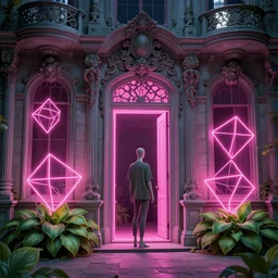 beautiful rococo architecture + lit with 3 d geometric neon + hosta flowers!!!, moon in background!, mannequin facing a doorway opening with neon pink geometric light, rococo architecture, moody, award winning, clean linework, dramatic, finely detailed, 4 k, trending on artstation, photorealistic, volumetric lighting, octane render