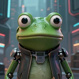 cinematic portrait of pepe the frog, cyborg, cybernetic, cyberpunk city background, full face portrait, centered, symmetrical face, atmospheric lighting, intricate, volumetric lighting, cyberpunk, concept art, sharp focus, ultra detailed, concept art by marc simonetti and dan mumford. featured on artstation