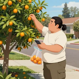 a short stocky chubby man with a long black ponytail hair wearing cargo shorts and a plain t-shirt, stealing kumquats off his neighbor's tree and putting them into a ziplock baggy, holding his iphone in his otherhand, in the daytime in suburban San Diego, California, artwork by Artgerm, Rutkowski, Dale Keown and Van Sciver, featured on artstation, cgsociety, behance hd