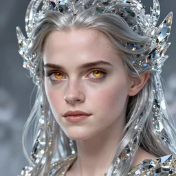 Emma Watson as a crystal maiden, sci-fi, amber eyes, face, long hair, fantasy, intricate, elegant, highly detailed, digital painting, artstation, concept art, smooth, sharp focus, illustration, art by artgerm and greg rutkowski and alphonse mucha
