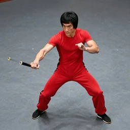 lean, fighter, in a red spandex suit, pose, stance, fight, man, with batons, standing, streetfight, 3 / 4 angle top down, fighting style, top view camera, bruce lee, lean muscles, skinny body, action, upright pose
