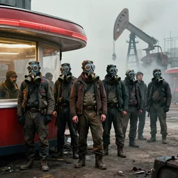 waiting in line for crude oil by simon stalenhag and gil elvgren and tom bagshaw and marc simonetti and jan miense molenaer and arthur adams, dystopian slums, diner, highly detailed, hyperrealism, smog, high contrast, smogpunk, oilpunk, high saturation, gas masks