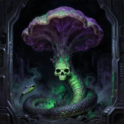 a close - up view portrait of a silhouetted supernatural fungal growth fungus snake in brutalist halls with metallic alien technology. close - up view, detailed textures. glowing green purple fog, dark black background. poison skull face, highly detailed fantasy science fiction painting by moebius, norman rockwell, frank frazetta, and syd mead. rich colors, high contrast