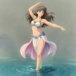 woman ; ashy brown hair ; violet eyes ; muted colors ; psychic ; ; wearing sci - fi belly dancer outfit that is pink white and blue ; drawn by hayao miyazaki and artgerm ; digital art ; high detail ; trending on artstation ; full body, dancing on water