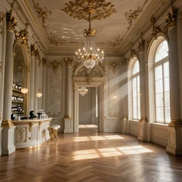 hyper realistic photo of a luxury baroque room interior volumetric lights