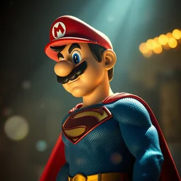 moviestill of man of steel with super mario super mario mario as superman, movie still, cinematic lighting, ray tracing, octane render, long lens, shallow depth of field, bokeh, anamorphic lens flare, 8 k, hyper detailed, 3 5 mm film grain