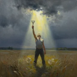 the field of strife, painting, winner, beams of light, striking, in the style of ralph