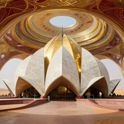interior of a futuristic lotus temple with gold, red and white marble panels, in the desert, by zaha hadid and buckminster fuller and syd mead, intricate contemporary architecture with art nouveau motifs, photo journalism, photography, cinematic, national geographic photoshoot