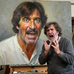 old bob ross is sad and angry and yelling at a huge painting by bob ross, clear eyes
