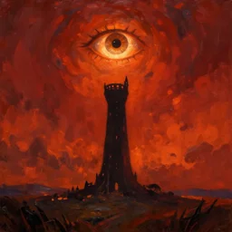 Beautiful close-up painting of a Dark Tower in a lonely field, with glowing Eye floating above it. Deep Reds and Oranges. Rendition by Tyler Edlin. Fantasy artwork inspired by Lord of the Rings' Eye of Sauron. 4K HD Wallpaper.