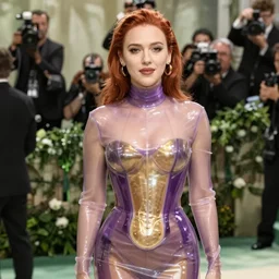 sexy  young Scarlett Johansson with red hair wearing very tight  Translucent purple and Gold latex  crazy outfit Met Gala photoshoot