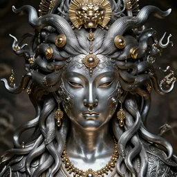 hyperrealism, detailed textures, photorealistic symetrical japanese medusa queen portrait, silverplate, intricate, detailed facial animal mask, golden jewelery, silverplate, ultra realistic, cinematic, intricate, cinematic light by steve mccurry, unreal engine 8 k