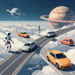 flying highways and cars, personalized robots, journeys between planets. retro futurism, artwork by roger dean, by dean ellis,