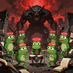 resolution 4k worlds of loss and depression made in abyss design Akihito Tsukushi design body pepe the frogs saying goodbye to his family at a translation group of them attacking a monster war , battlefield darkness military drummer boy pepe , desolated city the sky is filled with red halos over each of their heads ivory dream like storybooks, fractals , pepe the frogs at war, art in the style of and Oleg Vdovenko and Akihito Tsukushi ,Stefan Koidl