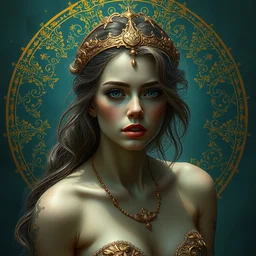 an intricate portrait painting of an artistic pose young beautiful mermaid, klimt golden motives and textures, hyper - detailed, octane render, vivid colors, artstation, by jeremy mann, by gustav klimt