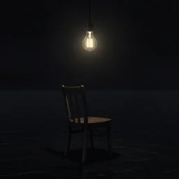 a matte painting of a single chair under a lightbulb, black water lake, artstation, surreal, dark space, claustrophobic, by rembrandt, chiaroscuro