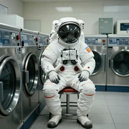 a beautiful photo of an astronaut waiting in a laundromat, 1990, soft light, morning light, photorealistic, realistic, octane, 8k, cinematic shot