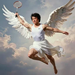 jackie chan flying with a racket as Nike Goddess portrait, wings, luxuriant, dreamy, eternity, romantic, strong pose, highly detailed,in the style of Franz Xaver Winterhalter, highly detailed,in the style of Aetherpunk