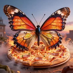 a beautiful hyperrealistic detailed 3D render of Pizza Butterfly, by Anton Otto Fischer, Atey Ghailan, genzoman, unreal engine, octane render, gigantic, 3D, brilliantly coloured, intricate, ultra wide angle, trending on artstation, embers, smoke, dust, dusk, volumetric lighting, HDR, polished, micro details, ray tracing, 8k,