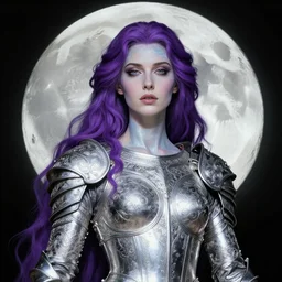 portrait of prophetess of the moon, silver filigree armor, purple hair, translucent skin, beautiful! coherent! by frank frazetta, by brian froud, strong line, high contrast, muted color