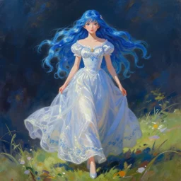 expressive oil painting, of gorgeous princess walking on a hill, pure innocent look, long blue hair, glamour shot, by yoshitaka amano, by greg rutkowski, by jeremyg lipkinng, by artgerm, digital art, octane render